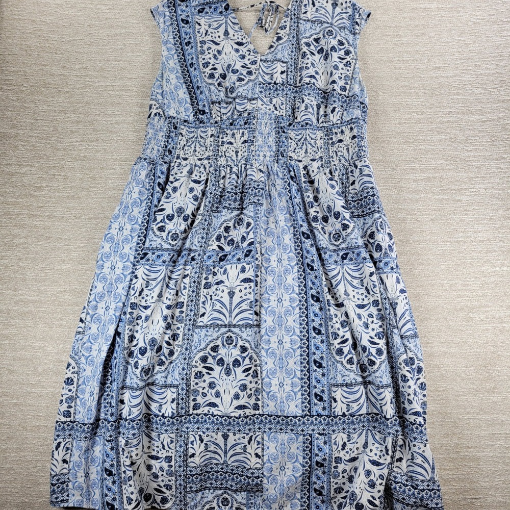 Old Navy Dress 2X Blue White V Neck V Back Tie Smocked Waist Boho Summer Beach - Picture 5 of 14